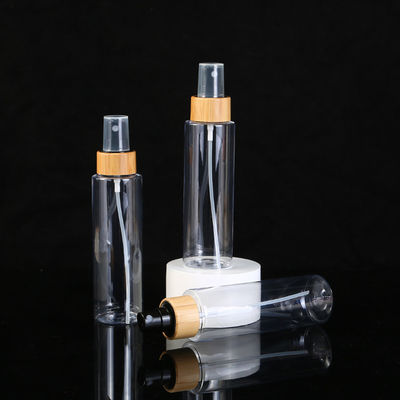 Body Material PET 100ml 120ml 250ml Empty Clear Plastic Bottle with Fine Mist Bamboo Black Sprayer for Cosmetic Packaging